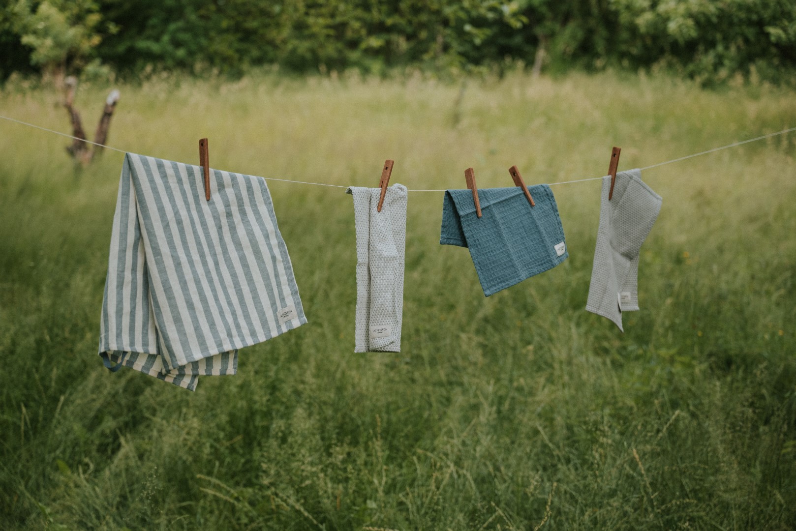Wäscheleine im Garten, die mit Geschirrtüchern von Aspegren Denmark